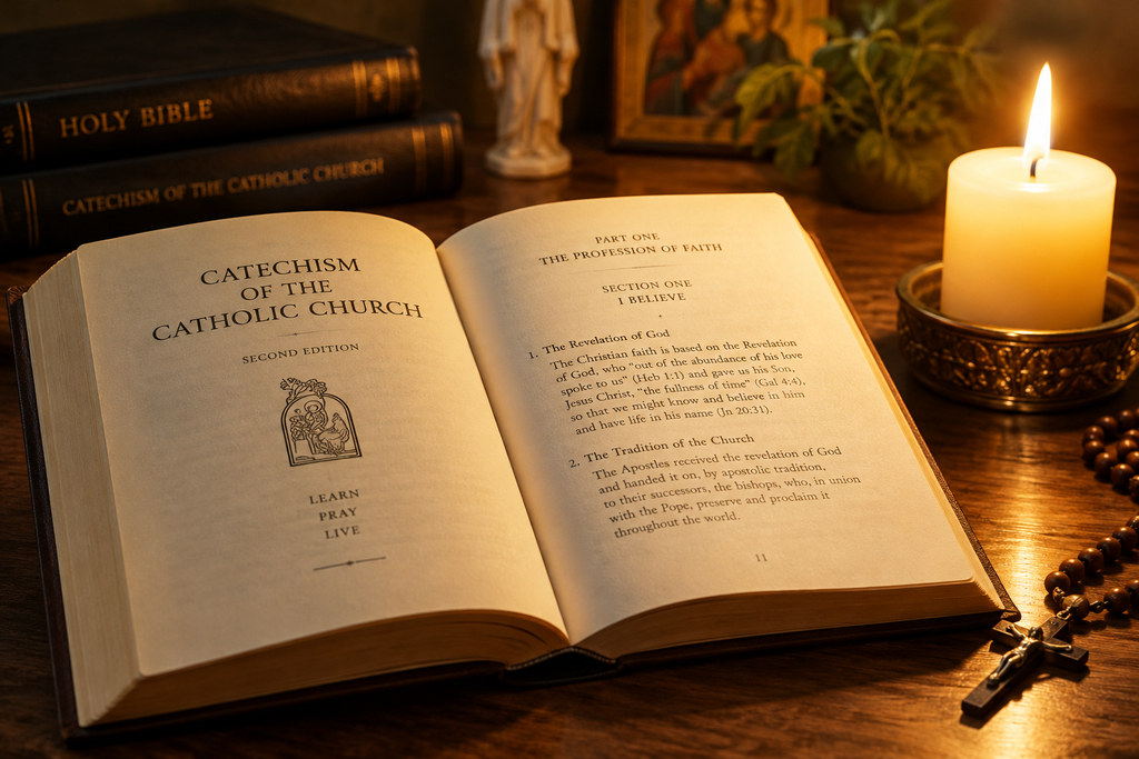 Livro do Catecismo da Igreja Católica aberto sobre mesa de madeira com vela acesa ao lado